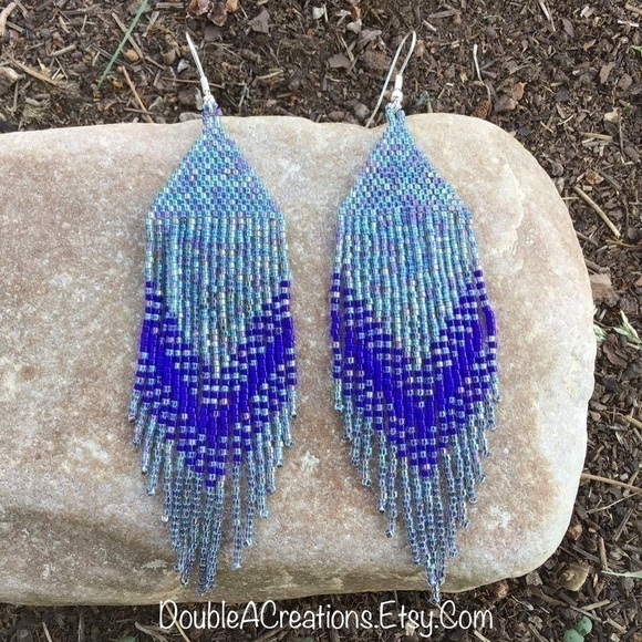 𝅺RAINBOW Gunmetal and Navy Beaded Earrings with Fringe - Picture 3 of 10